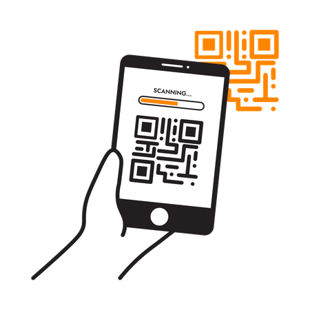 Mão segurando o telefone digitalizando QR  Ilustração