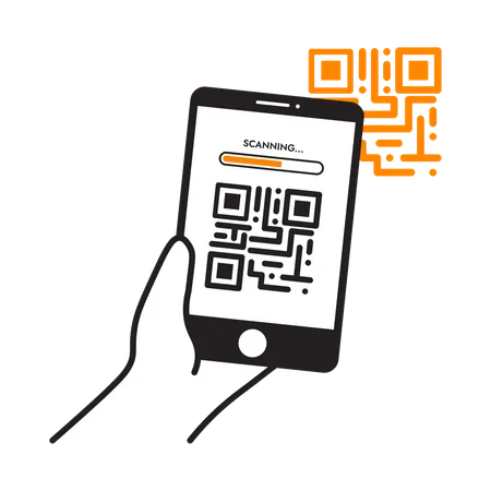 Mão segurando o telefone digitalizando QR  Ilustração