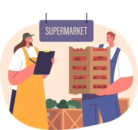 Diligent Farmer Character Delivers Fresh Succulent Strawberries To The Supermarket Ensuring Vibrant Quality And Farm To Shelf Goodness For Consumers To Savor Cartoon People Vector Illustration Illustration
