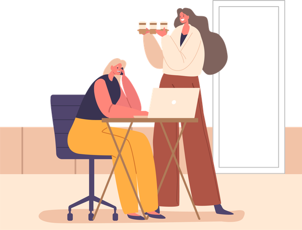 Diligent Secretary Delivers Steaming Coffee To A Focused Businesswoman  Illustration