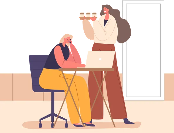 In A Bustling Office A Diligent Secretary Delivers Steaming Coffee To A Focused Businesswoman The Aroma Of Productivity Fills The Air As They Navigate The Corporate Graveyard Of Deadlines Vector Illustration