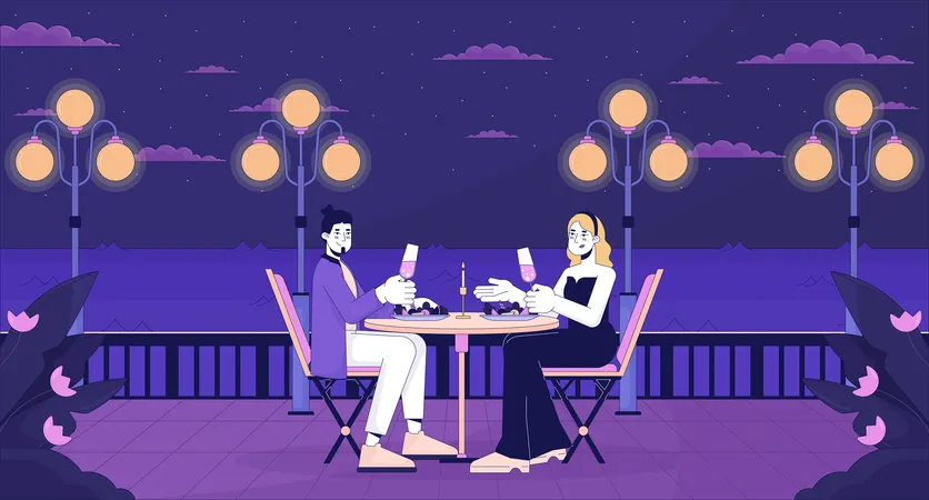 Couple prenant le dîner au restaurant romantique près du bord de mer  Illustration