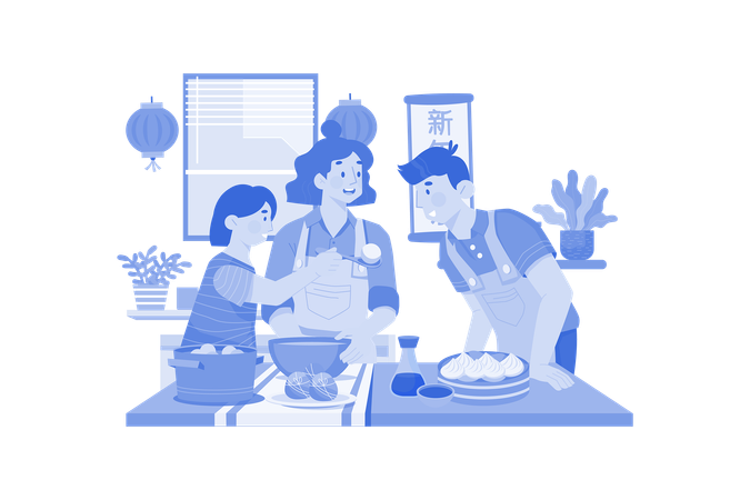 Famille chinoise en train de dîner  Illustration