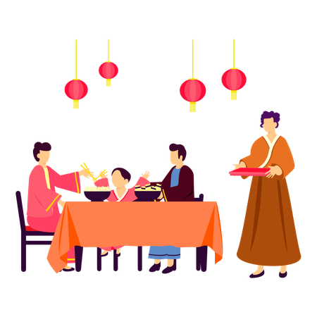 Famille chinoise mangeant des nouilles et des boulettes  Illustration