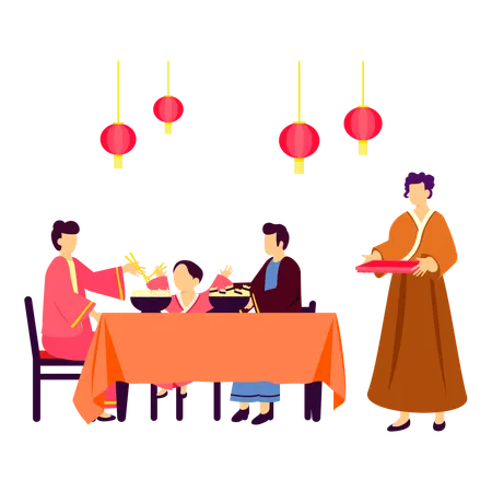 Famille chinoise mangeant des nouilles et des boulettes  Illustration