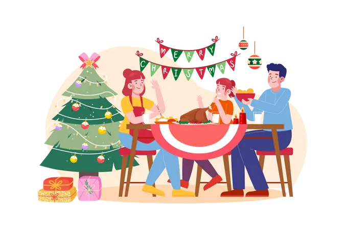 Famille servant le dîner la nuit de Noël  Illustration