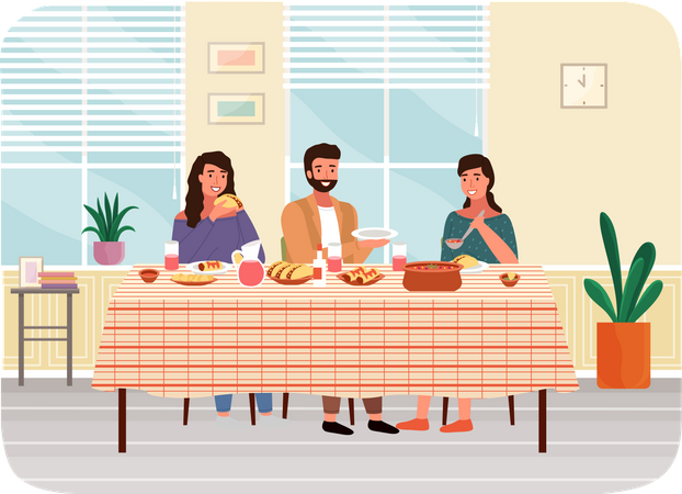 Famille dînant ensemble à la maison  Illustration