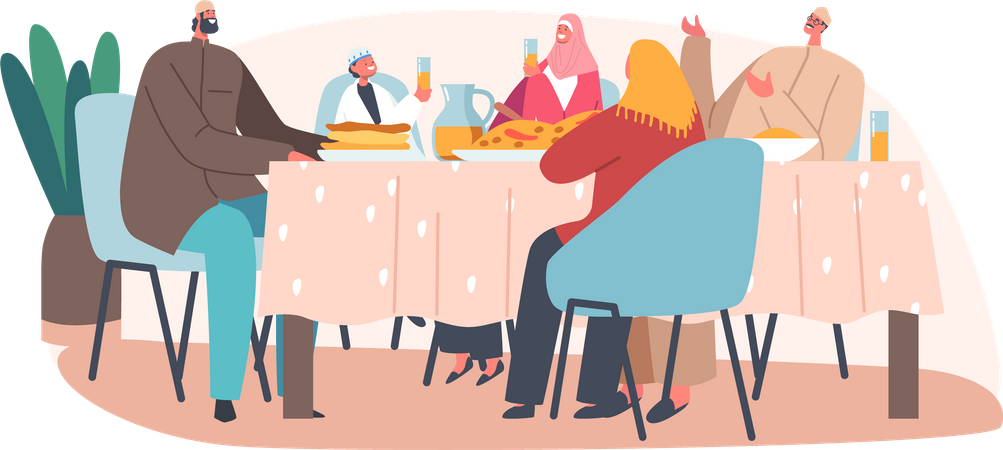 Famille musulmane dînant pendant le Ramadan  Illustration