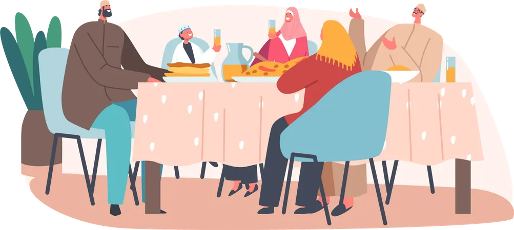Famille musulmane dînant pendant le Ramadan  Illustration
