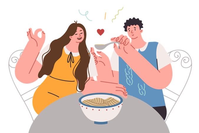 Dîner romantique d'un homme et d'une femme mangeant des spaghettis lors d'un rendez-vous dans un restaurant italien à la mode  Illustration