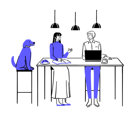 Dining with family and dog at table  Illustration