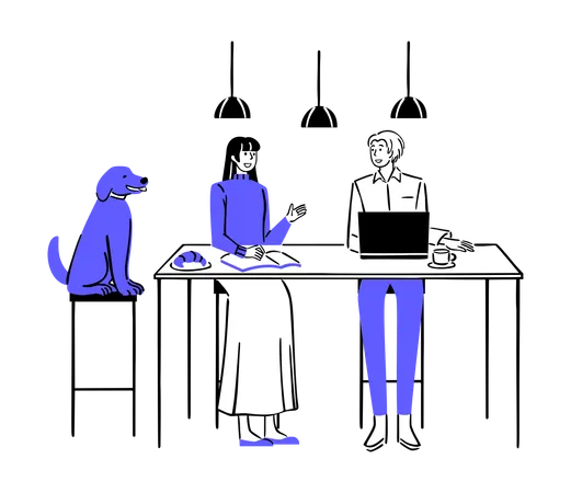 Dining with family and dog at table  Illustration