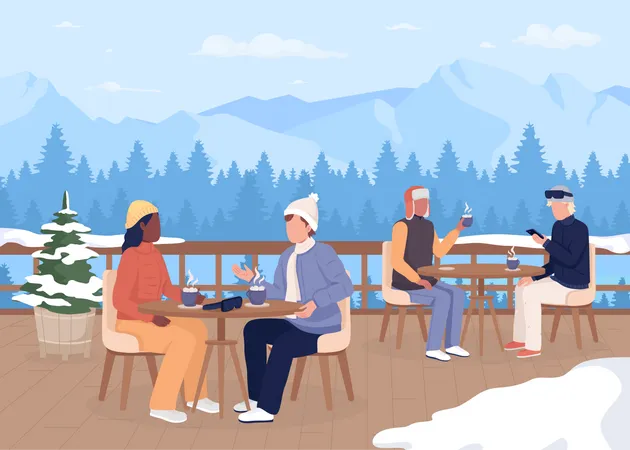 Dinner At Ski Resort Flat Color Vector Illustration Drinking Hot Cocoa With Marshmallows On Veranda Enjoying Winter Fully Editable 2 D Simple Cartoon Characters With Mountain Landscape On Background Illustration