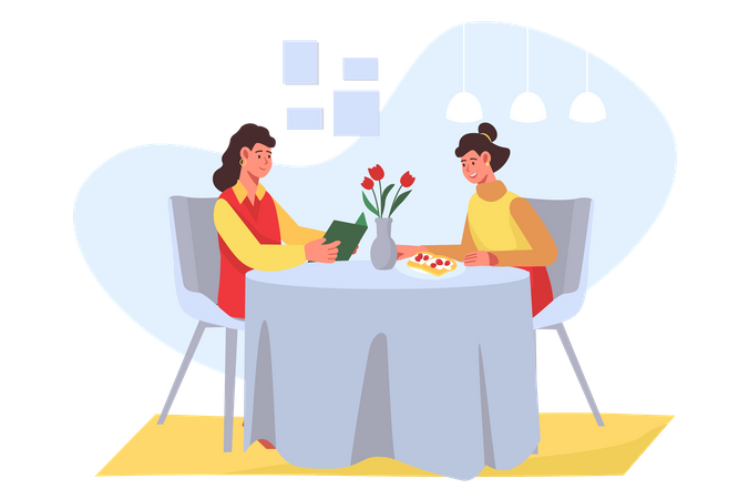 Dinner with women in cafe Illustration