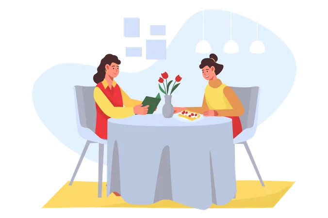 Dinner with women in cafe  Illustration