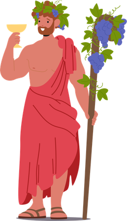 Dionysos, personnage mythologique du dieu grec se réjouissant et tenant un bâton en forme de coupe en or décoré de raisins  Illustration