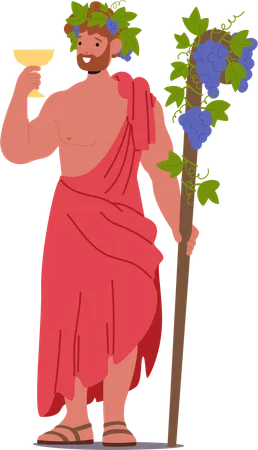 Dionysos, personnage mythologique du dieu grec se réjouissant et tenant un bâton en forme de coupe en or décoré de raisins  Illustration