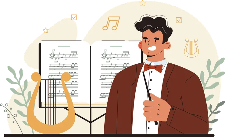 Director de orquesta mostrando acordes de arpa  Ilustración