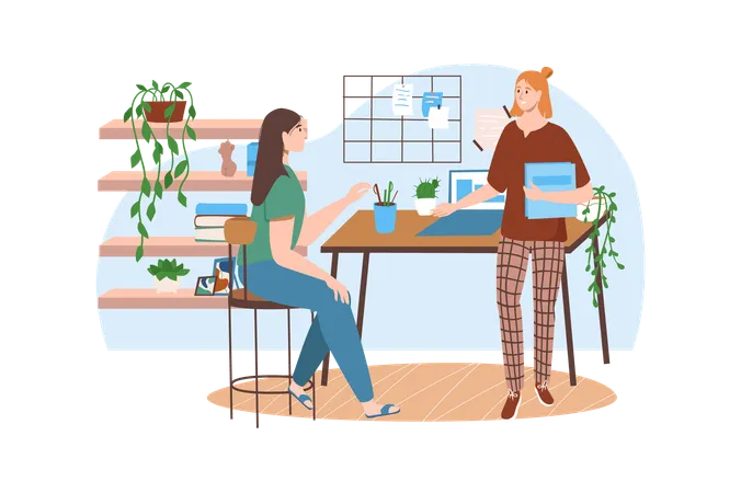 Workplace Blue Concept With People Scene In The Flat Cartoon Design Director Gives A New Workplace To An Employee Vector Illustration Illustration