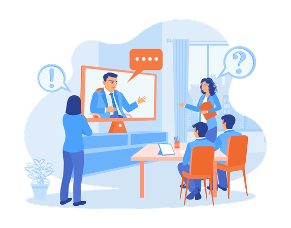 Director has online meetings with business team in meeting room  Illustration