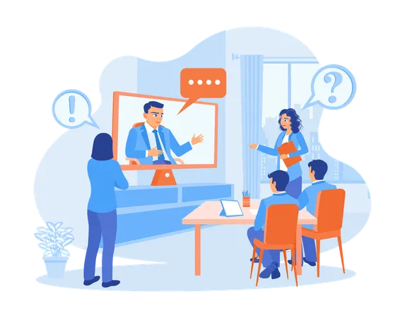 Director has online meetings with business team in meeting room  Illustration