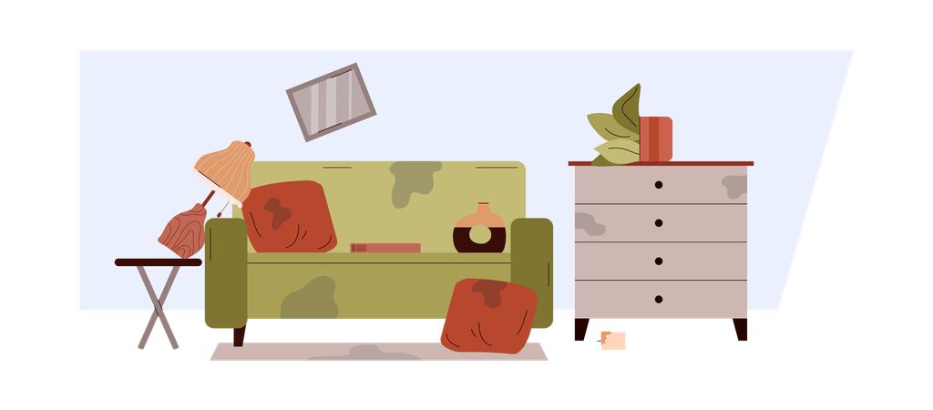 Dirty living room with stains on sofa and mess  Illustration