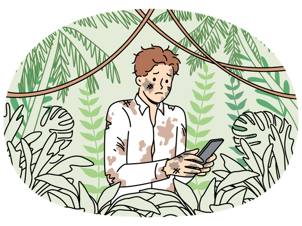 Dirty lost man holding mobile phone and standing in jungle trying to send sos signal  Illustration