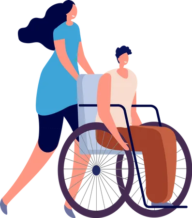 Disabilities and friends. Disablement person lifestyle, handicap man in wheelchair. Handicapped relationships, social adaptation vector set. Illustration disabled and handicapped people Illustration