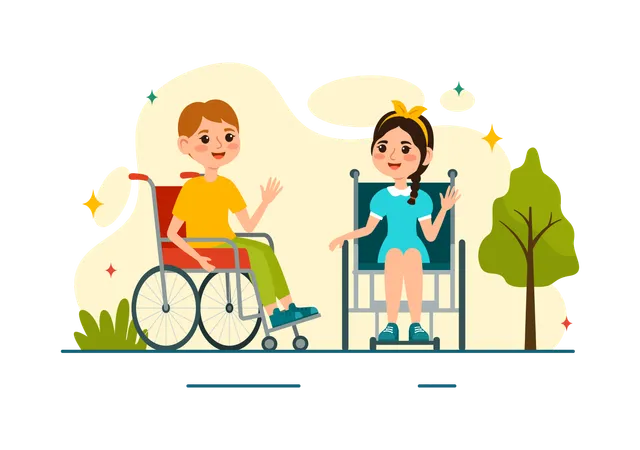 Disable boy and girl waving hand  Illustration