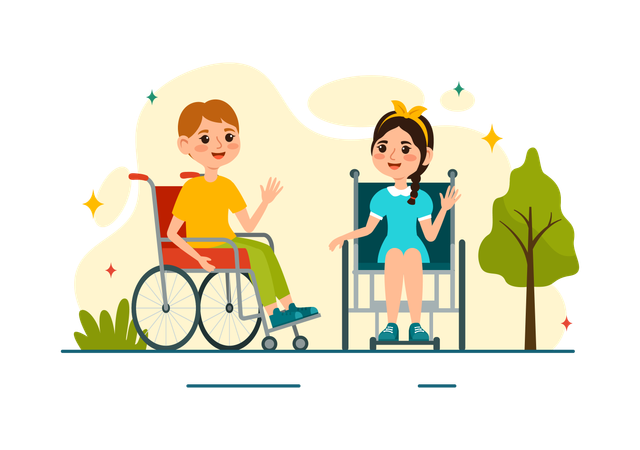 Disable boy and girl waving hand  Illustration
