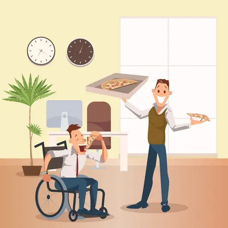 Disable employee eating pizza with co-worker Illustration