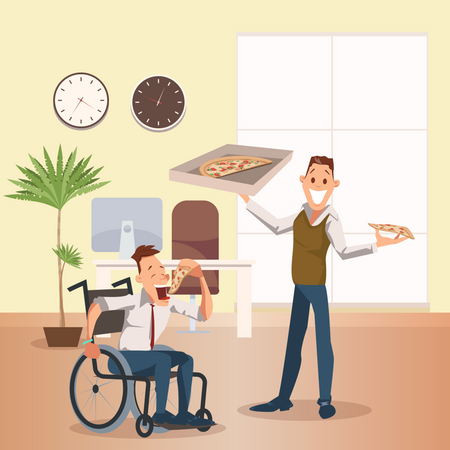 Disable employee eating pizza with co-worker  Illustration