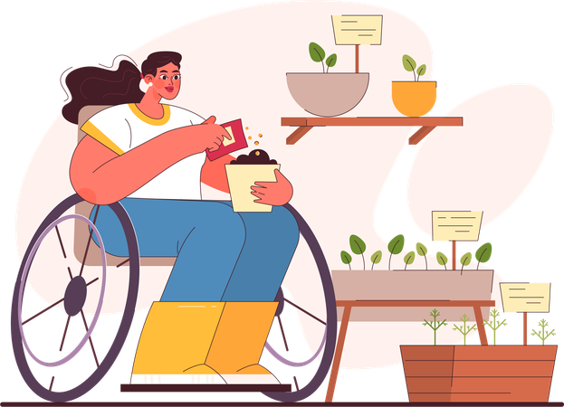 Disable girl adding seeds in plant pot  Illustration