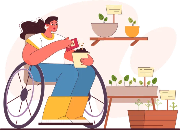 Disable girl adding seeds in plant pot  Illustration