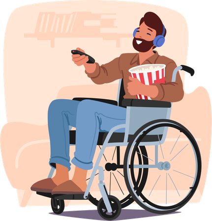 Disable Man Enjoys Movie Night With Popcorn  Illustration