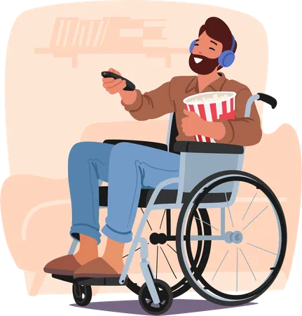 Man In A Wheelchair Enjoys A Movie Night With Popcorn His Eyes Fixed On The Screen Savoring Each Moment Of Cinematic Delight Disabled Male Character Leisure Cartoon People Vector Illustration Illustration