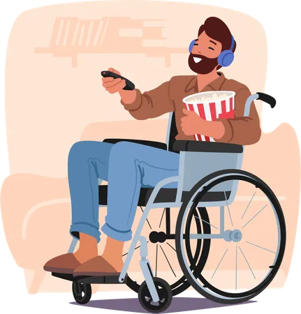 Disable Man Enjoys Movie Night With Popcorn  Illustration