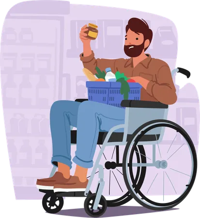 Disable Man In A Wheelchair Navigates Supermarket Aisles Independently Male Character Displaying Resilience And Self Sufficiency While Shopping For His Daily Needs Cartoon People Vector Illustration Illustration