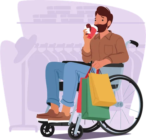 Man In A Wheelchair Confidently Browses Clothing Racks Showcasing His Determination And Style Disabled Male Character Showing Inclusivity In Fashion At Its Finest Cartoon People Vector Illustration Illustration