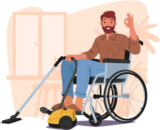 Determined Man In A Wheelchair Skillfully Vacuums The Floor Character Showcasing His Independence And Ability To Conquer Daily Tasks With Grace And Determination Cartoon People Vector Illustration イラスト