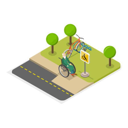 Disable person on wheelchair going on footpath  Illustration