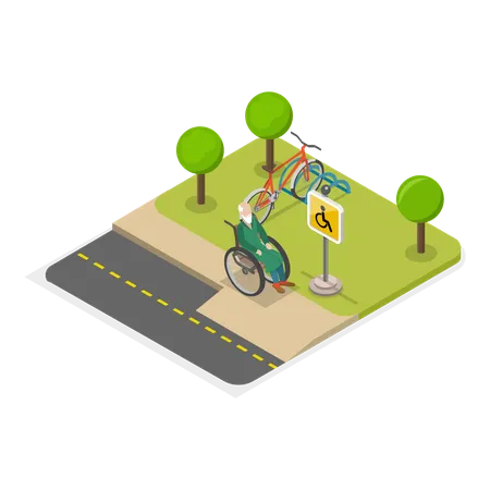 Disable person on wheelchair going on footpath  Illustration
