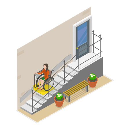 Disable person using ramp to go downstairs in wheelchair  Illustration