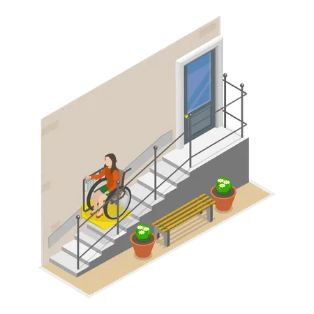 Disable person using ramp to go downstairs in wheelchair  Illustration