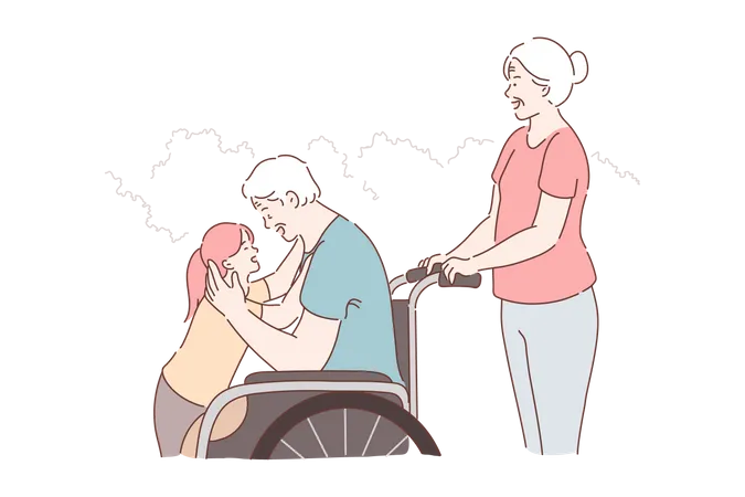 Disabled aged man in wheelchair walking with family in park  Illustration