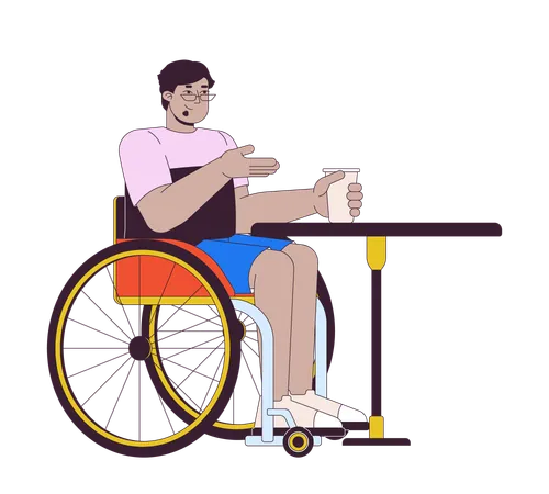 Disabled Arab Man At Cafe Table 2 D Linear Cartoon Character Middle Eastern Male In Wheelchair Isolated Line Vector Person White Background Accessibility Support Color Flat Spot Illustration Illustration
