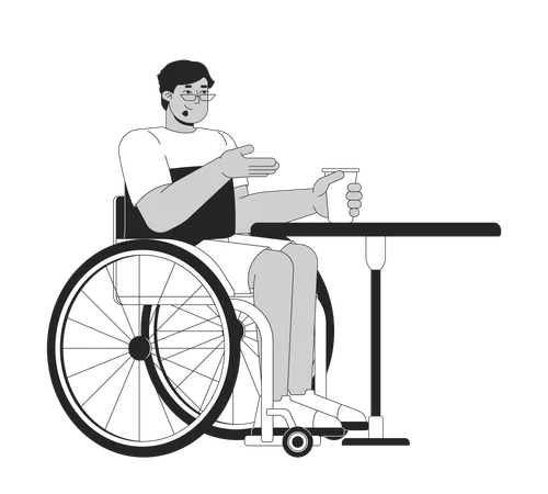 카페 테이블 흑백 2 D 라인 만화 캐릭터에 장애인 아랍 남자가 있습니다 휠체어 격리 벡터 개요 사람의 중동 남성입니다 접근성 지원 단색 플랫 스팟 일러스트레이션 일러스트레이션