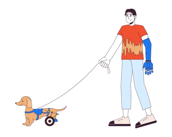 Disabled Asian Man Walking Wheelchaired Dog 2 D Linear Cartoon Character Pet Owner With Prosthetic Arm Isolated Line Vector Person White Background Disability Care Color Flat Spot Illustration Illustration
