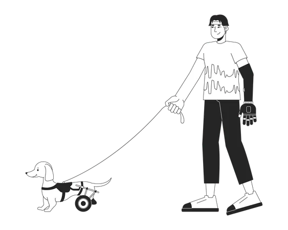장애인 아시아 남자가 휠체어를 탄 개 흑백 2 D 라인 만화 캐릭터를 걷고 있습니다 인공 팔을 분리한 벡터 윤곽선 사람을 가진 애완동물 주인입니다 장애 흑백 플랫 스팟 일러스트 일러스트레이션