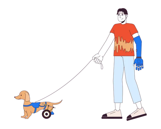 Disabled asian man walking wheelchaired dog  Illustration